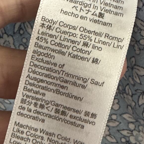 J Crew Blouse XXL Blue‎ Floral Print Puff Sleeve Button Front Preppy Linen Blend - Picture 6 of 9